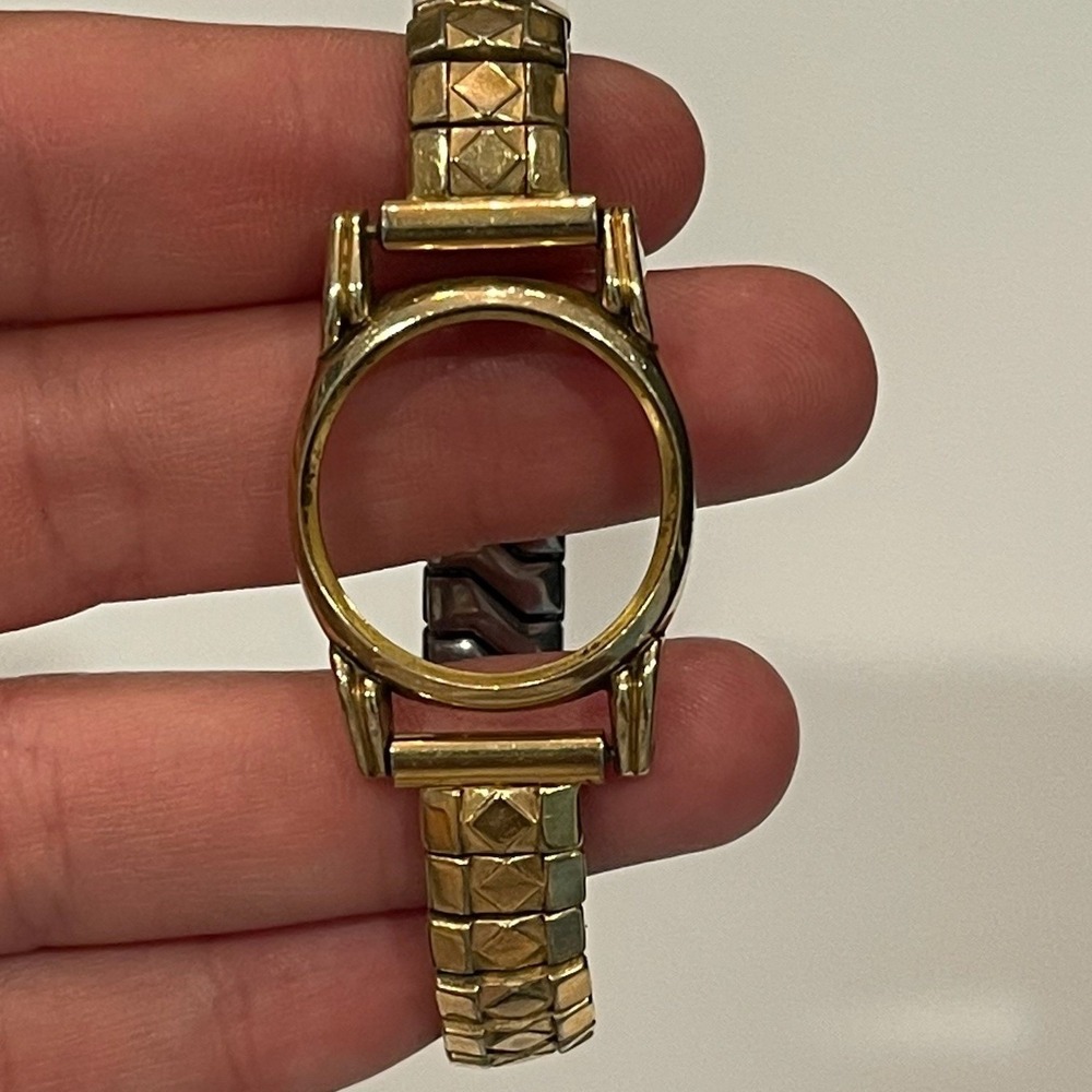 Vintage Gold Tone Empty Watch Case with Diamond Pattern Expansion Band Parts